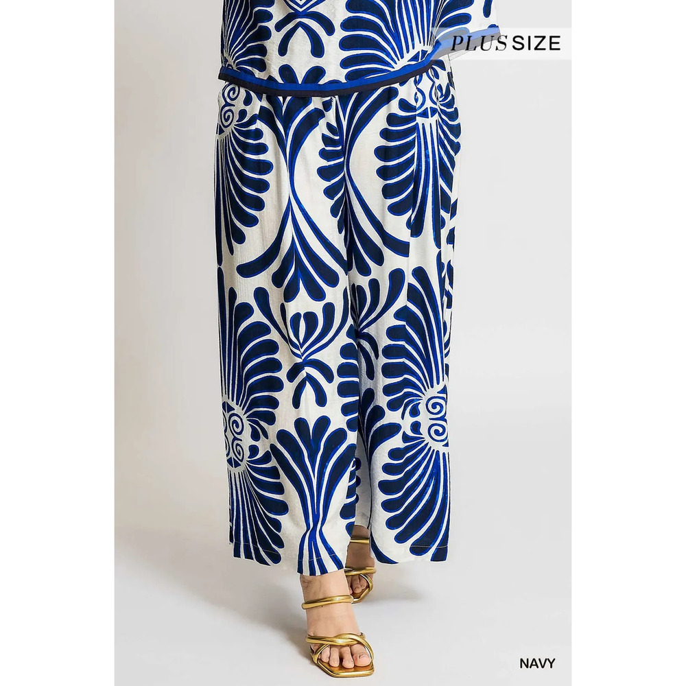 WC4390 NVY Umgee Feather Print Wide Leg Pants Plus Sizes